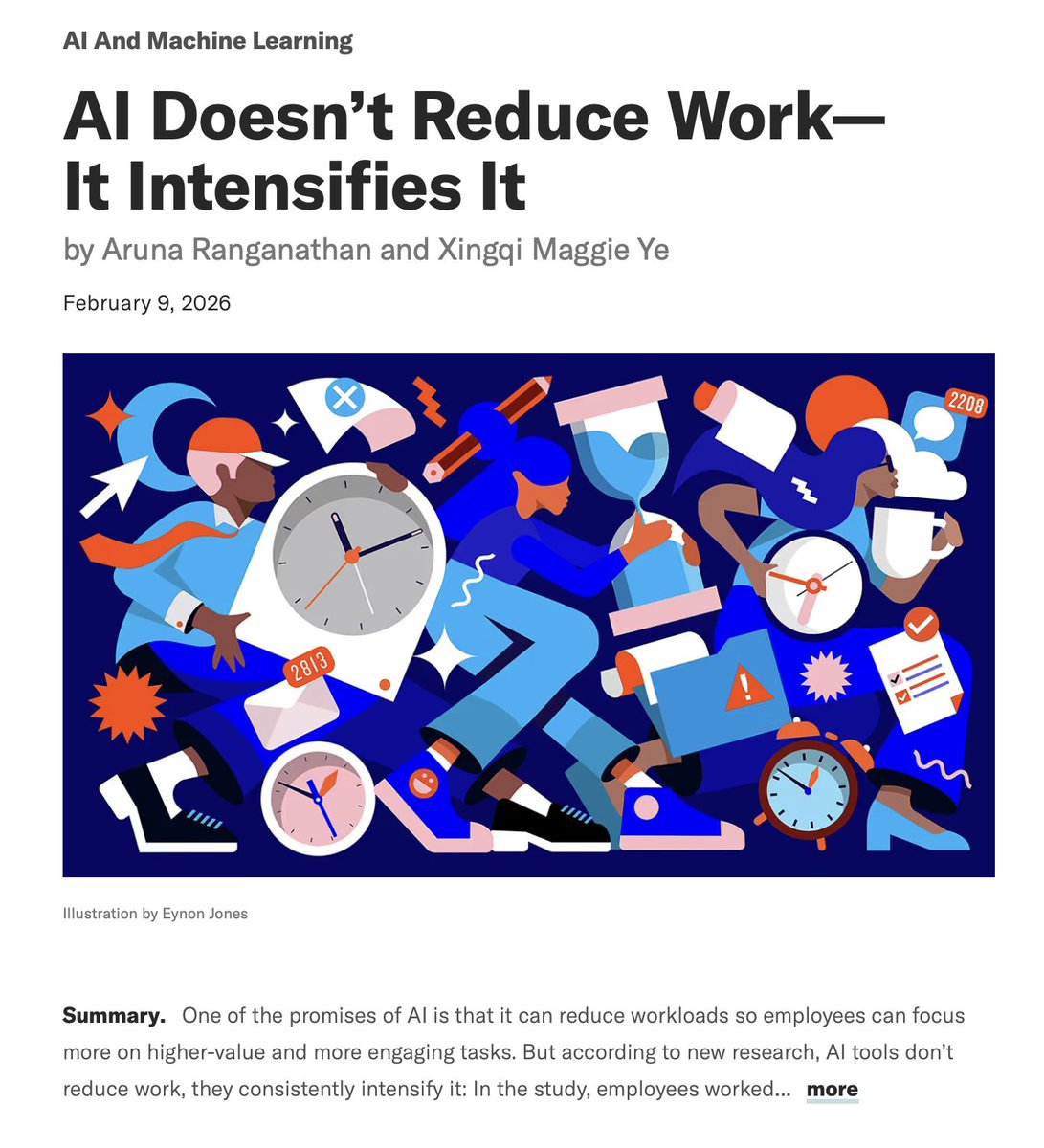 deararchitects's tweet photo. #AI was supposed to make our lives easier... right?

Harvard research in the latest issue: adoption actually ramps up work intensity, higher output demands, new responsibilities, endless quality bar raises.

LINK TO THE ISSUE IN THE COMMENTS 👇

@OReillyMedia @HarvardBiz 

🧵 https://t.co/z9XPY4yuNt