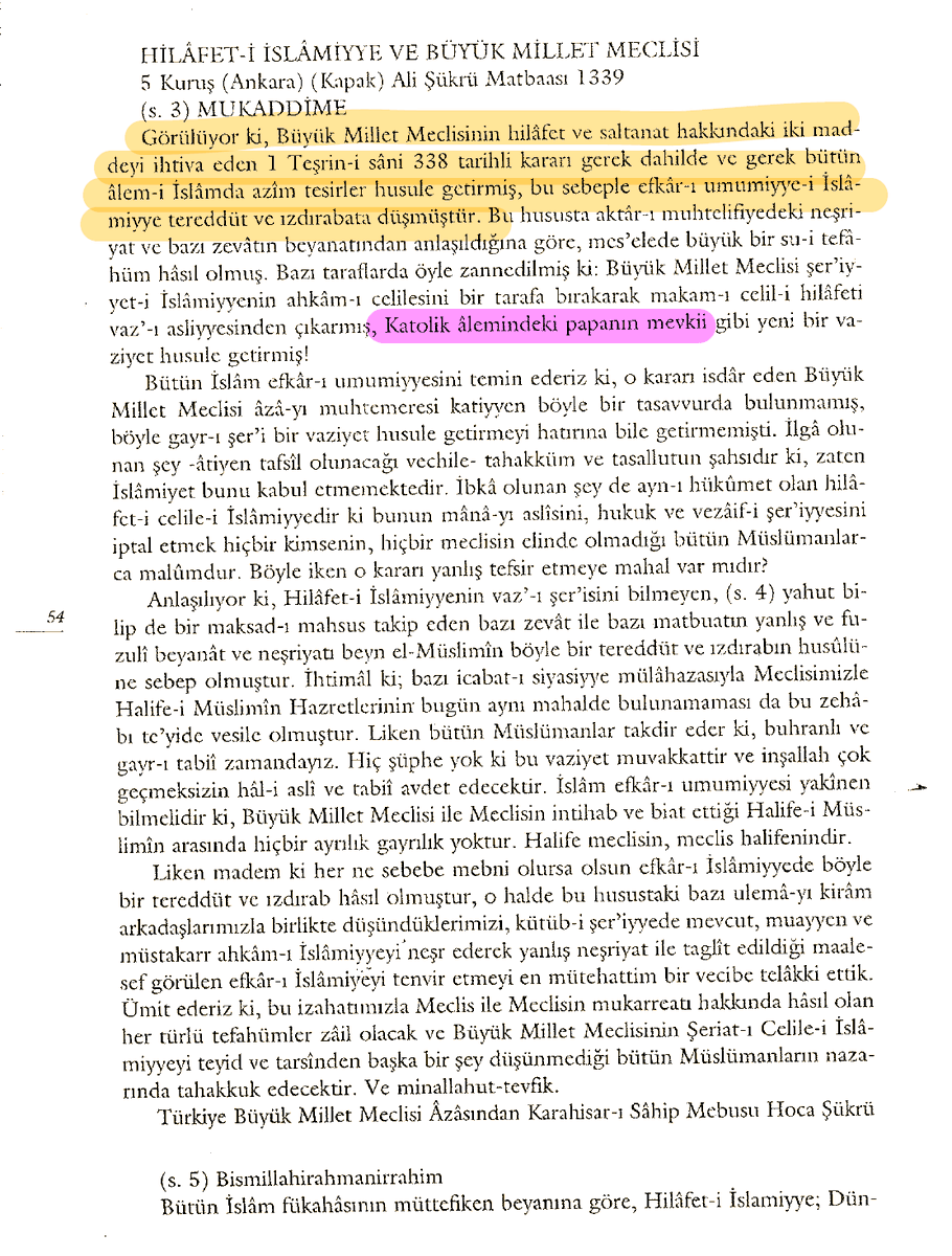 Hilafetin Vatikanlaştırılması Planı Gerçekleştirilmişdir

📅15 Ocak 1923
✍️Karahisar-ı Sahib mebusu Hoca Şükrü [Çelikalay] imzasıyla "Hilâfet-i İslâmiye ve BMM" sernameli bir risale neşredildi:

Görülüyor ki, Büyük Millet Meclisinin hilâfet ve saltanat hakkındaki iki maddeyi