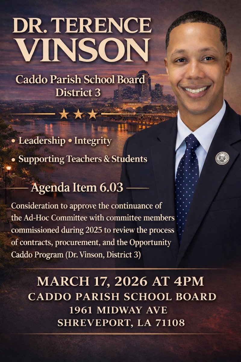 Hello,

Your community’s voice matters. Support needed at the Caddo Parish School Board meeting. An important agenda item will be discussed on this Tuesday (March 17, 2026 at 4:00pm) at the school board meeting, your presence can make a difference. Thank you for ALL your support.
