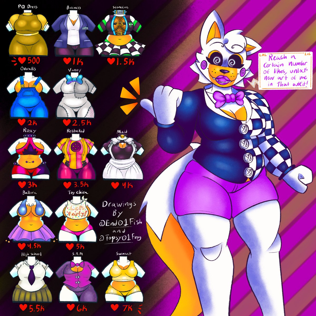 ✨🧡🤍LOLBIT FASHION SHOW!🤍🧡✨
13 outfits, 1 drawing per tier (like goal).
Starting at 500 likes, ending at 7k.
Every like unlocks a new look. 
Retweets are not only welcomed, but encouraged.