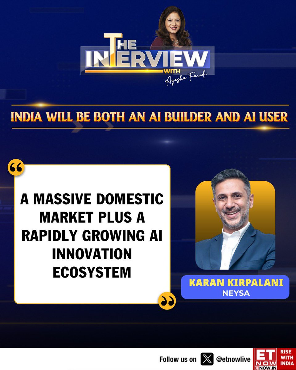 ETNOWlive's tweet photo. The Interview With Ayesha Faridi
“India will be both an AI builder and an AI user”: Karan Kirpalani of Neysa on the country’s massive domestic market and rapidly growing AI innovation ecosystem
Full interview: https://t.co/CYsjpWwnp4
@AyeshaFaridi1 #Neysa #AI #India https://t.co/fyii3h3UkU