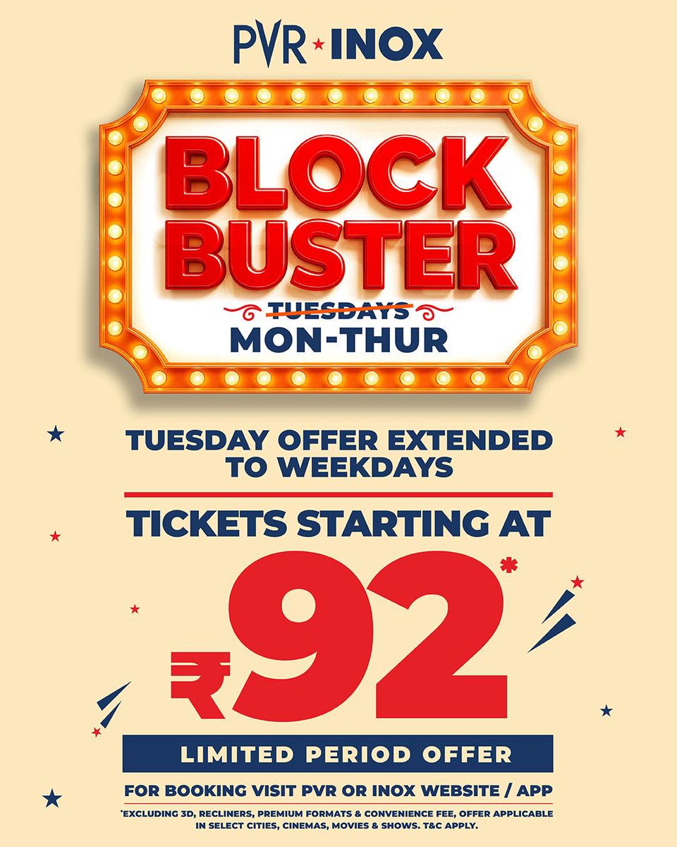 INOXMovies's tweet photo. The blockbuster deal you love is no longer just a Tuesday thing!
Watch your favourite movies Monday to Thursday with tickets starting at just £92 at PVR INOX.
Ticket link : https://t.co/RPd3V1Fbda
*T&Cs Apply
.
.
#BlockbusterDeal #WeekdayOffer
#BlockbusterWeekdays #PVRINOX #RemindersofHim #IronLung #KissaCourtKachehariKa #Assi
#TheKeralaStory2GoesBeyond #Hoppers #ORomeo #DoDeewaneSeherMein #ThaaiKizhav