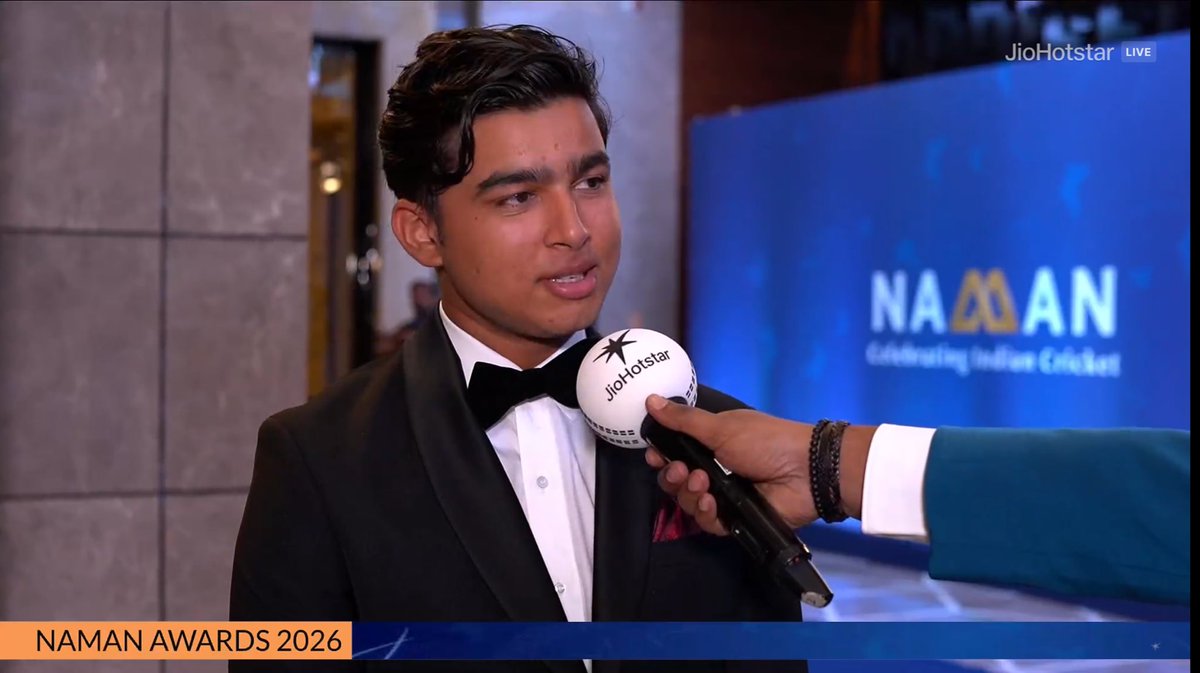 ArjunMenon88's tweet photo. Seeing our boy Vaibhav Suryavanshi in this avatar is truly amusing. We’ll all look back on visuals like these from the Naman Awards with great fun in the future - hopefully after he totally fulfils his immense potential. ⭐️ boy. https://t.co/elEa2rEMbV