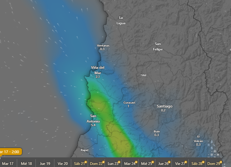 QuilpueMeteo's tweet photo. Para nuestra región de Valparaíso, lunes en la noche las lluvias llegan solo a la provincia de San Antonio y muy débil a Valparaíso y Viña urbanos en forma de lloviznas o lluvia muy débil, no más de 3 mm.
En Quilpué y Villa Alemana solo prob de lloviznas débiles, no más de 1 mm. https://t.co/ex0Tz5fuJ9