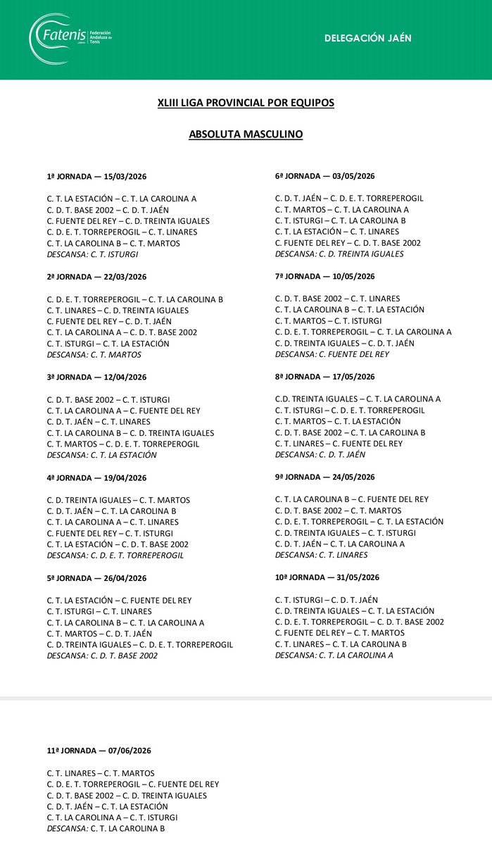 🗓️ Calendario XLIII Campeonato Provincial de Liga por Equipos Absoluto.
