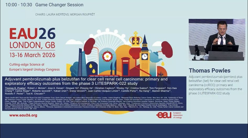 SIU_Italia's tweet photo. A new potential step forward in the adjuvant treatment of clear cell renal cell carcinoma.  

At the #EAU26 Game Changer Session, results from the phase 3 LITESPARK-022 trial showed that pembrolizumab combined with belzutifan (HIF-2α inhibitor) significantly improved disease-free survival compared with pembrolizumab alone in patients with ccRCC at increased risk of recurrence after nephrectomy.  

With a safety profile consistent with the known effects of each drug and exploratory analyses supporting the benefit across patient subgroups, the study represents the first positive phase III trial combining anti-PD-1 therapy with HIF-2α inhibition in RCC, opening new perspectives for the adjuvant setting.