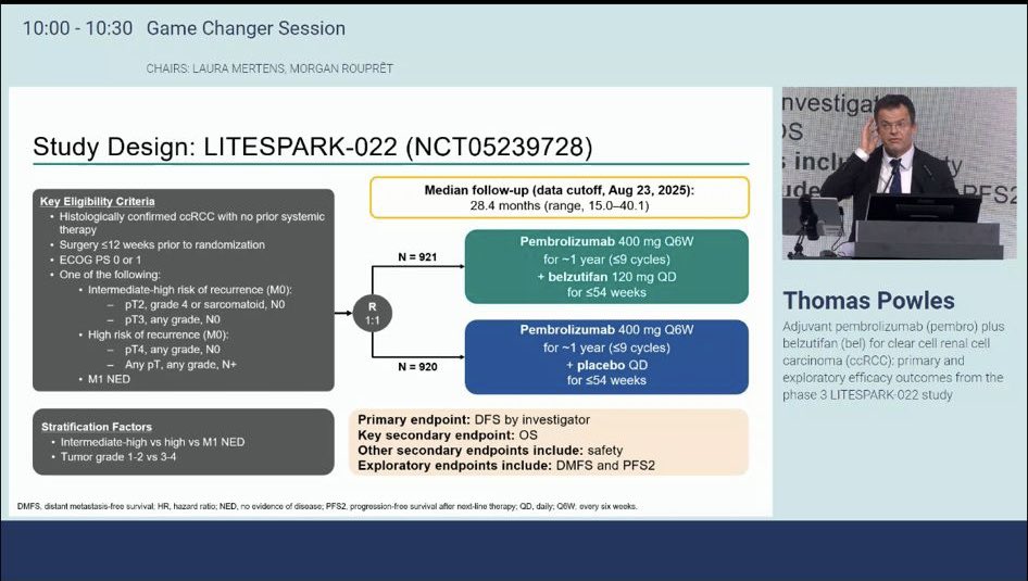 SIU_Italia's tweet photo. A new potential step forward in the adjuvant treatment of clear cell renal cell carcinoma.  

At the #EAU26 Game Changer Session, results from the phase 3 LITESPARK-022 trial showed that pembrolizumab combined with belzutifan (HIF-2α inhibitor) significantly improved disease-free survival compared with pembrolizumab alone in patients with ccRCC at increased risk of recurrence after nephrectomy.  

With a safety profile consistent with the known effects of each drug and exploratory analyses supporting the benefit across patient subgroups, the study represents the first positive phase III trial combining anti-PD-1 therapy with HIF-2α inhibition in RCC, opening new perspectives for the adjuvant setting.