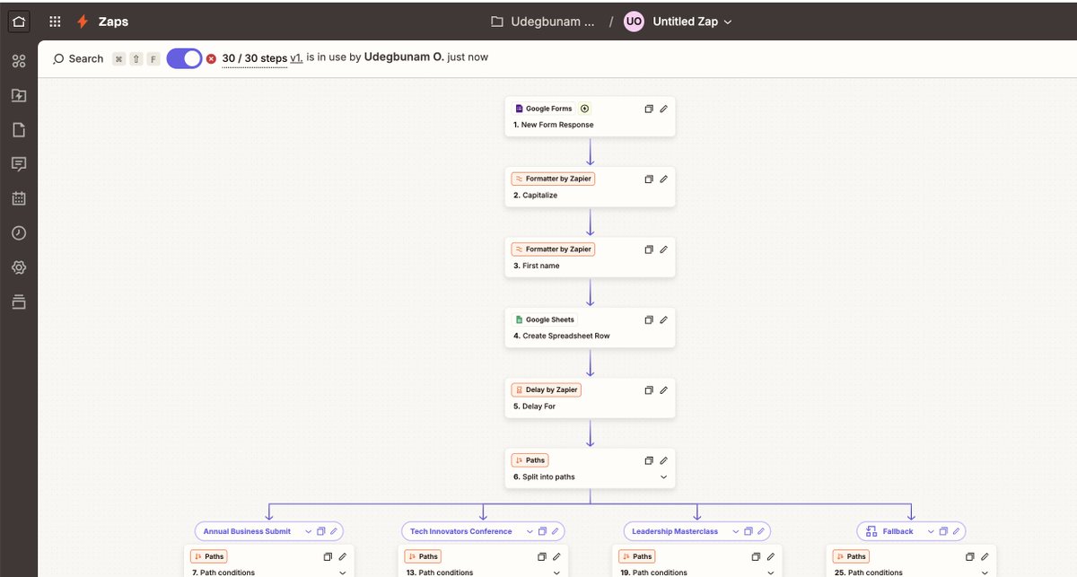 0xtro11's tweet photo. Just built a 28-step Event Registration System with @zapier 🎯

→ 5 events, 5 intelligent paths
→ Custom email per event
→ Automated reminders for all attendees
→ Zero manual follow-ups

This is no-code automation in the real world 👀

#Zapier #NoCode #Automation #TSAcademy https://t.co/JxunCb988A