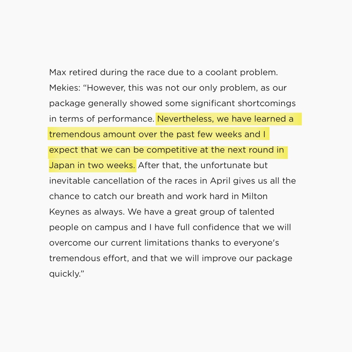 🗣️ Laurent Mekies: “Nevertheless, we have learned a tremendous amount over the past few weeks, and I expect that we can be competitive at the next round in japan in two weeks.”