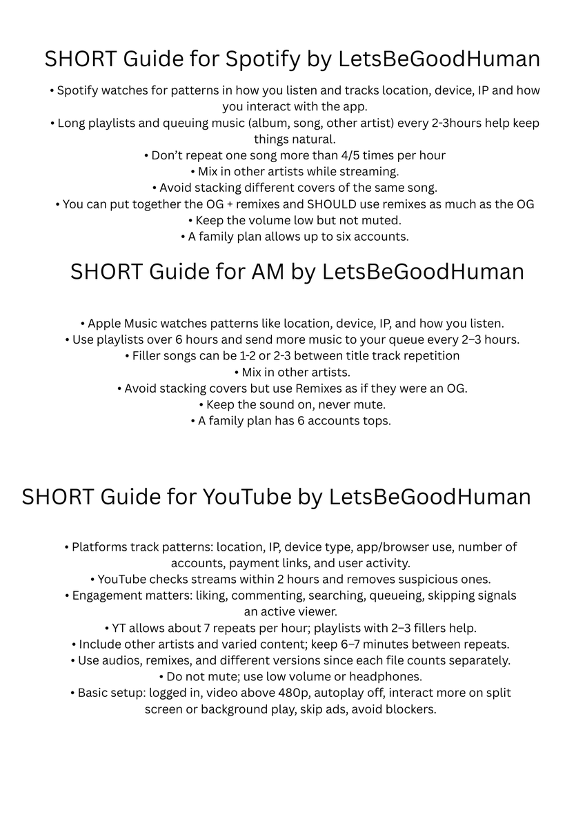 Sharing with you my thoughts on streaming, both in long and short format.
On Spot, AM &amp; YT. The last ss is the short, summarized version for all 3.
Ask questions if you have them. 
Be aware, these are my personal recommendations after many years of streaming only.