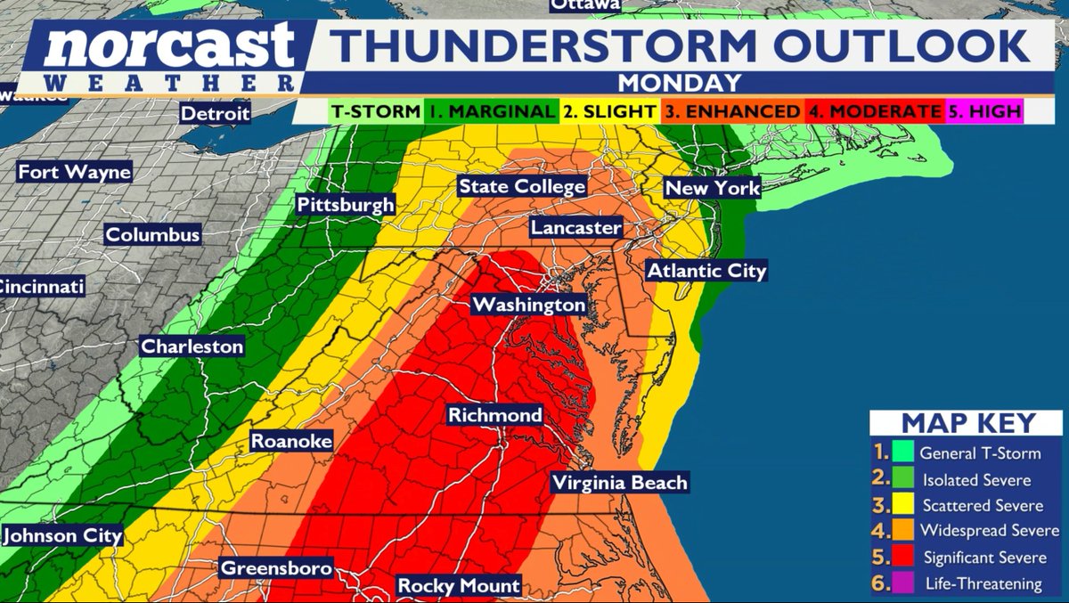 ryankanerWX's tweet photo. SPC is all in with a moderate risk now in place along the i-95 from SC to Baltimore. I'll have my full update this evening on timing, expectations &amp; impacts. A bumpy weather day is expected on Monday. Stay tuned.  @Norcastweather #MdWx https://t.co/BcNvoUxOan