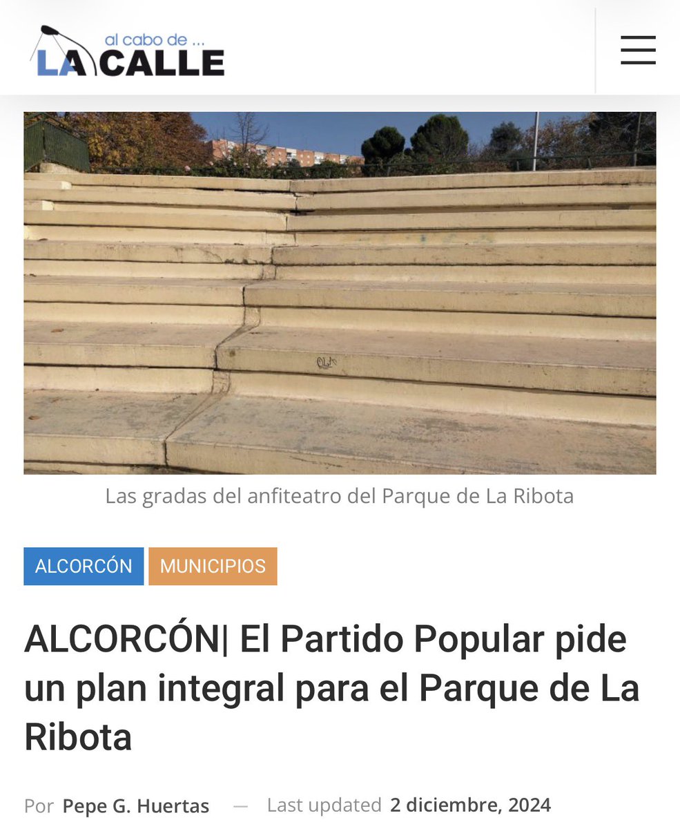 <a href="/ppAlcorcon/">PP Alcorcón</a> <a href="/ppmadrid/">PP Comunidad de Madrid</a> <a href="/RMarinVergara/">ℝ𝕠𝕓𝕖𝕣𝕥𝕠 𝕄𝕒𝕣í𝕟 𝕍𝕖𝕣𝕘𝕒𝕣𝕒</a> <a href="/SerranoAlfonso/">Alfonso Serrano</a> <a href="/IdiazAyuso/">Isabel Díaz Ayuso</a> <a href="/LSacedaG/">Luis S.G.</a> <a href="/nnggalcorcon/">NNGG Alcorcón 🇪🇸</a> La alcaldesa de Alcorcón y su gobierno votaron en contra de la propuesta del <a href="/ppAlcorcon/">PP Alcorcón</a> para recuperar el parque en el 2024.

alcabodelacalle.es/municipios/alc…