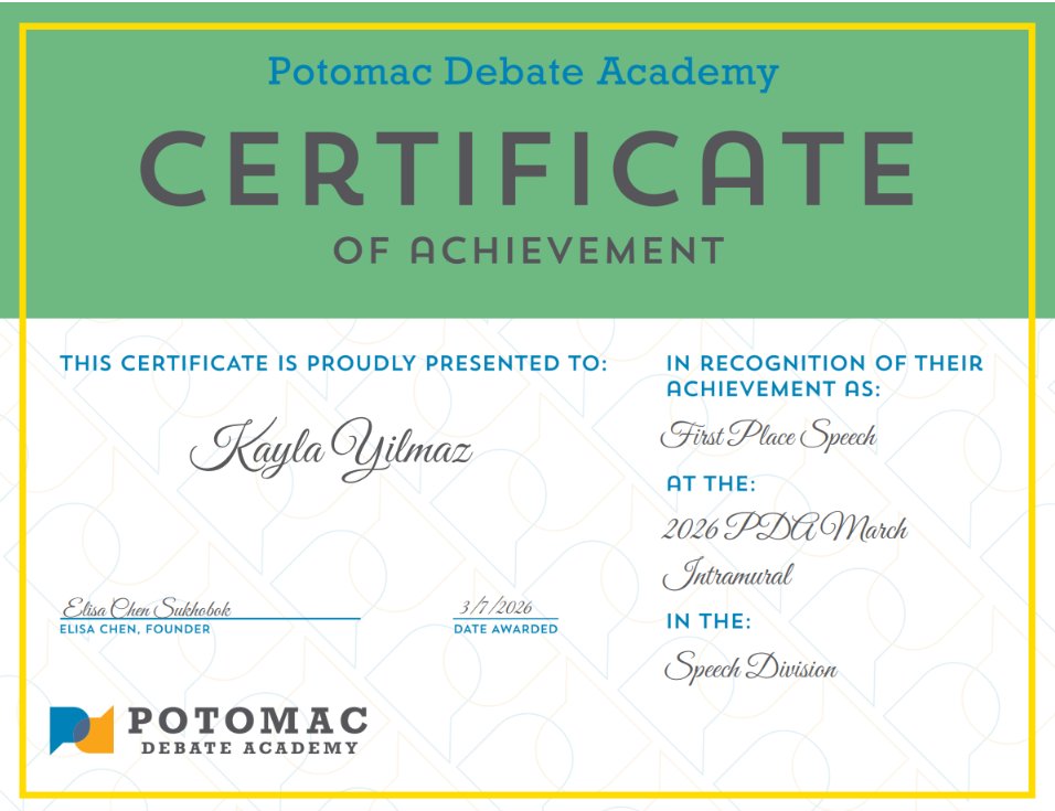 westlabschool's tweet image. #StudentSpotlight We’re thrilled to share that Kayla took 1st Place in the Speech Division at the 2026 PDA March Intramural hosted by Potomac Debate Academy. We are so proud of her achievement &amp;amp; the hard work she puts into strengthening her speaking &amp;amp; critical thinking abilities