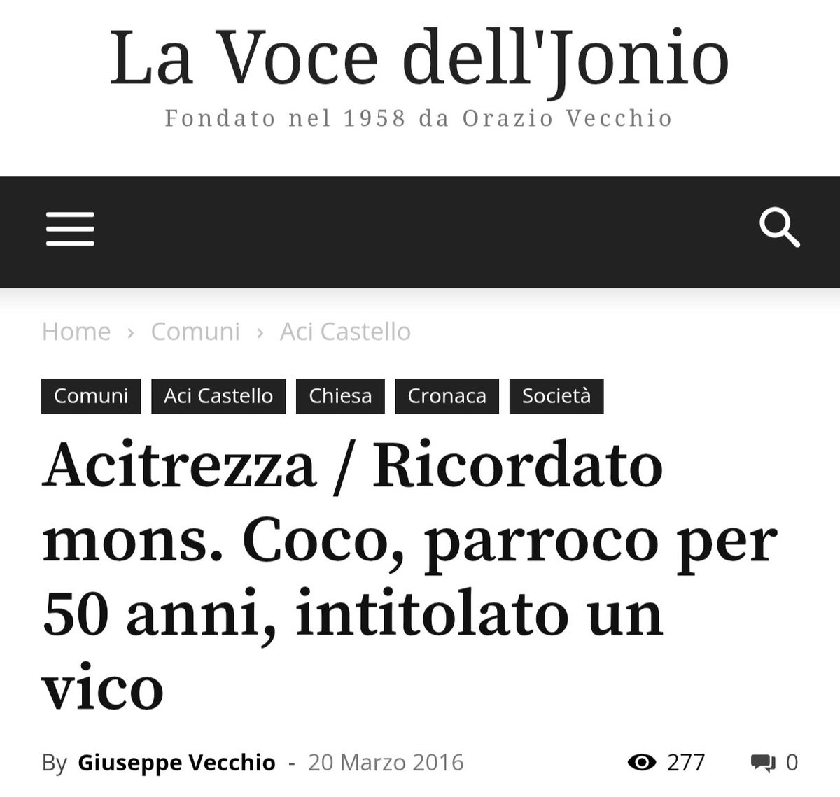 Sono passati 20 anni dalla sua morte e 10 anni da quando, come Confraternita San Giovanni Battista - Acitrezza insieme al Comune Di Aci Castello, guidati da don Giovanni Mammino, abbiamo intitolato il vico accanto la Chiesa a Mons. Alfio Coco.
 facebook.com/share/p/189mQy…