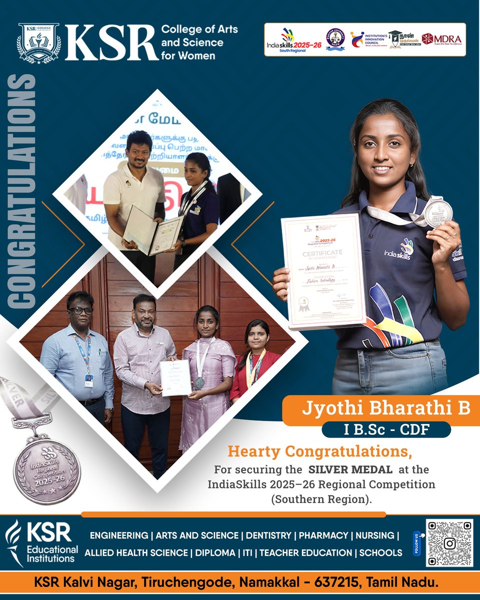 KSRCASWOMEN's tweet photo. Big shoutout to Jyothi Bharathi B 
I https://t.co/NFGxbPwjSt. – CDF student just clinched the SILVER MEDAL at the IndiaSkills 2025–26 Southern Region competition.Congrats on this amazing achievement.
.
.
.
.
[Ksrcasw, ksr, indiaskills,ksrei, Makeanimpact] https://t.co/RuPMSwGaRy