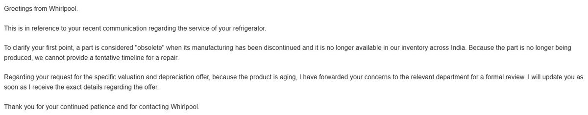 sachin_extc's tweet photo. @whirlpool_india No matter whether appliance purchase time, @whirlpool_india  can anytime discontinue any part and declare the part / product as obsolete, and the customer hangup on gods mercy, pathetic! Within 8 years the product declared as obsolete except compressors, strange ! https://t.co/P66zt1WYfd