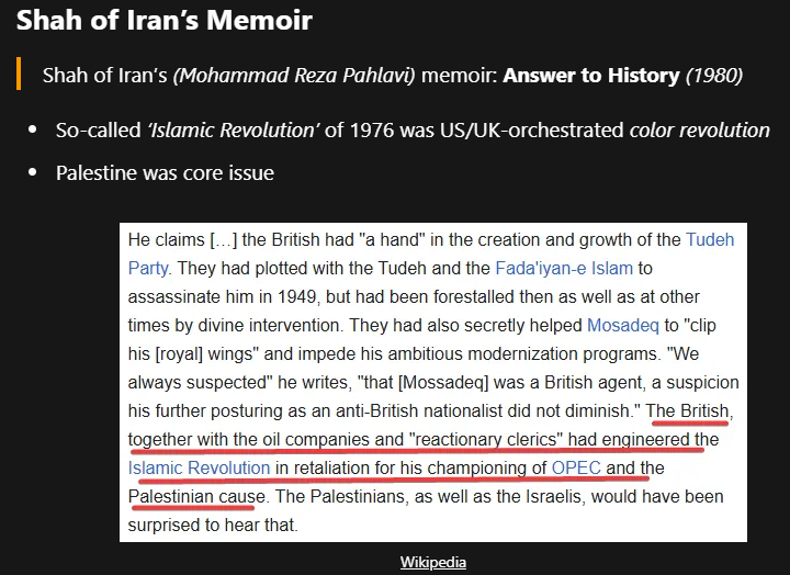 DieOnFeet's tweet photo. To prove "Iran is controlled opp" is complicated, requiring more than tweet. I've written about this in long form on my Substack. One last food for thought. What is most optimal way for Israel to colonize Palestine? Co-opt neighbors. Shah's memoir: "Islamic rev was CIA color rev" https://t.co/LZrLZ6NOdG
