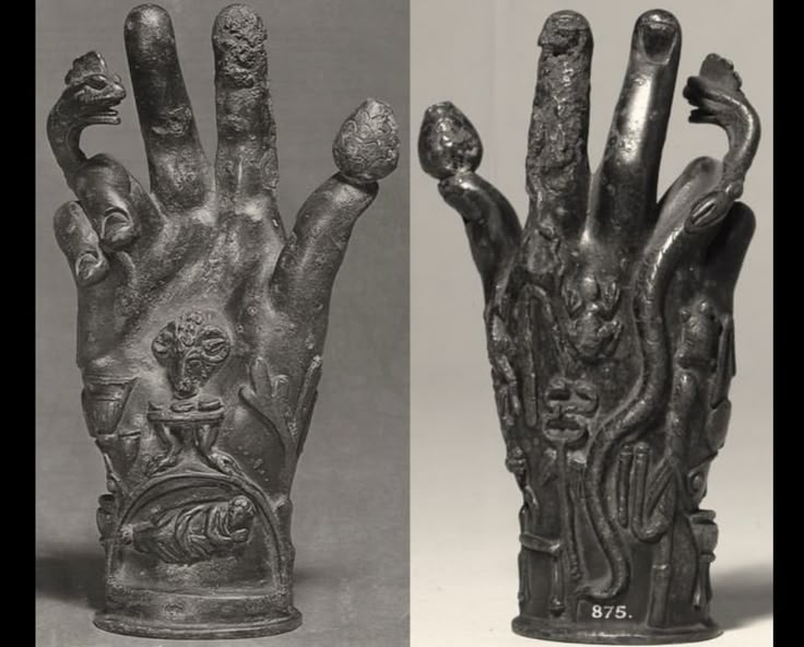 A Bronze Hand of Sabazios, an ancient artifact from the Roman period (1st–3rd century CE) used in the worship of the Thracian and Phrygian sky god Sabazios.