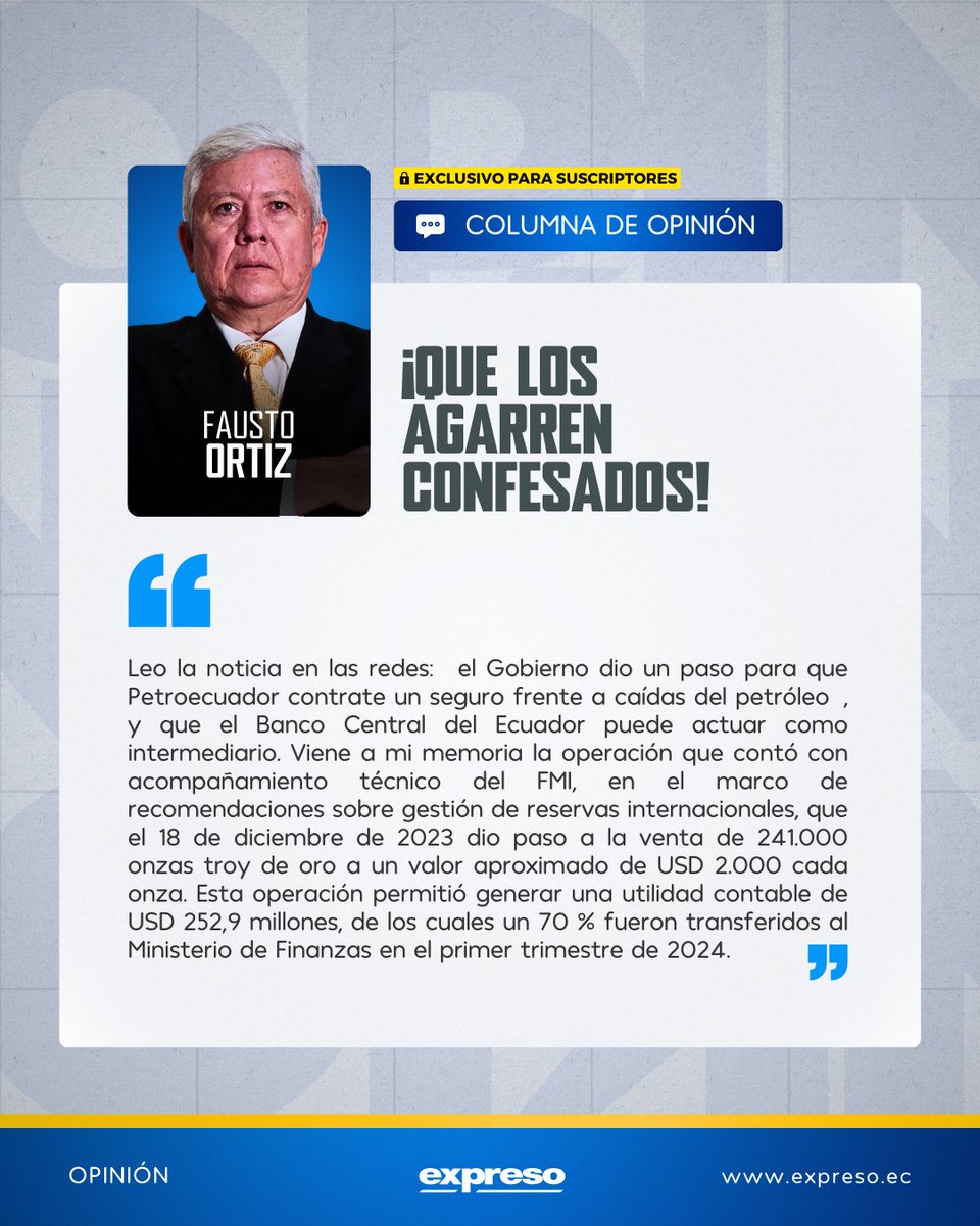 #OPINIÓN | "La justificación oficial fue la recomposición de activos para fortalecer liquidez del Estado, cambiando un activo menos líquido (oro) por dólares de disponibilidad inmediata", escribe Fausto Ortiz.

Lee su columna: bit.ly/3PBIftc