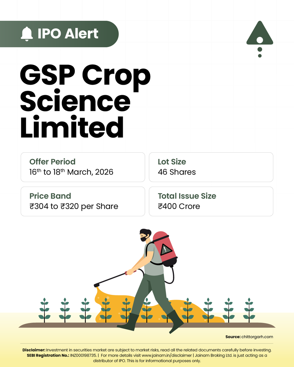 jainambroking's tweet image. GSP Crop Science Ltd., a manufacturer of insecticides, herbicides, and fungicides for agricultural markets across multiple countries, is now entering the capital markets.
 
#GSPCropScienceIPO #JainamBroking