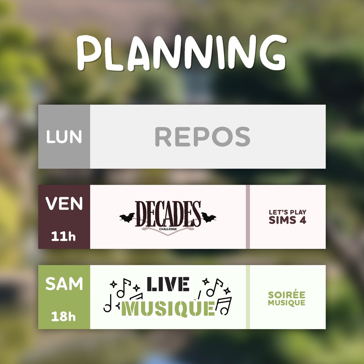 Semaine du 16 au 22 mars ☀️
Lundi : repos
Vendredi 11h : Decades Vampires
Samedi 18h : Live musique
•••