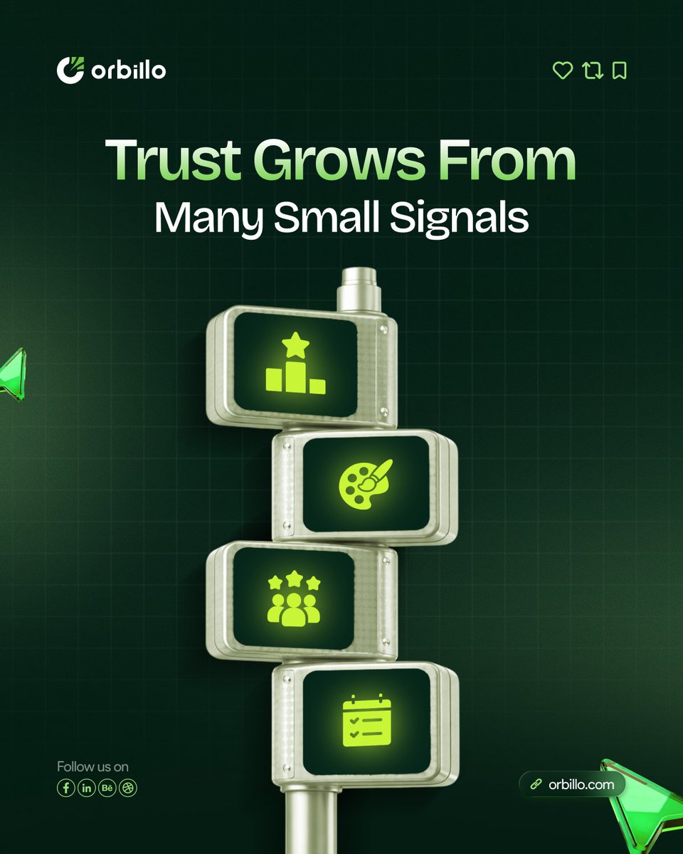 TeamOrbillo's tweet photo. Trust rarely appears at once.

It builds through signals:
• Clear positioning
• Consistent design
• Simple messaging
• Social proof
• Structured UX

Aligned signals build trust.

#Orbillo #DesignPartner #TrustSignals #BrandStrategy https://t.co/4OHJQTHgyN