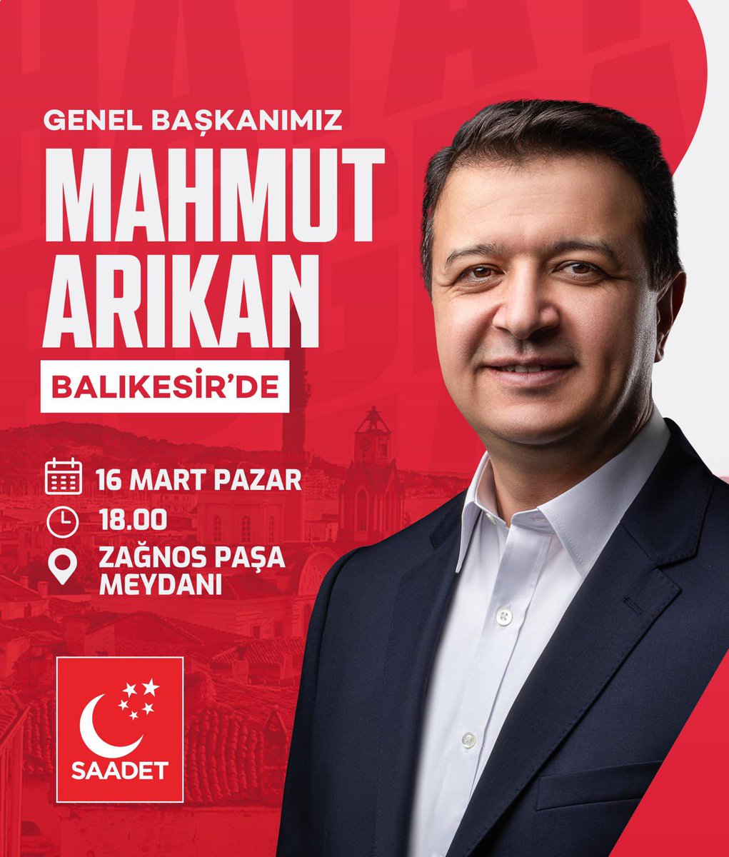 SaadetPartisi10's tweet photo. Arıkan Balıkesir’de.

Saadet Partisi Genel Başkanı @mahmutarikansp Kadir Gecesi’nde Balıkesir’de iftar programına katılarak, 
@tv5televizyonu ‘nda Balıkesir’den canlı yayınlanacak olan “Eski Ramazanlar” söyleşisine konuk olacak.

Tüm hemşehrilerimizi bekliyoruz https://t.co/VjT3iB7Fcl
