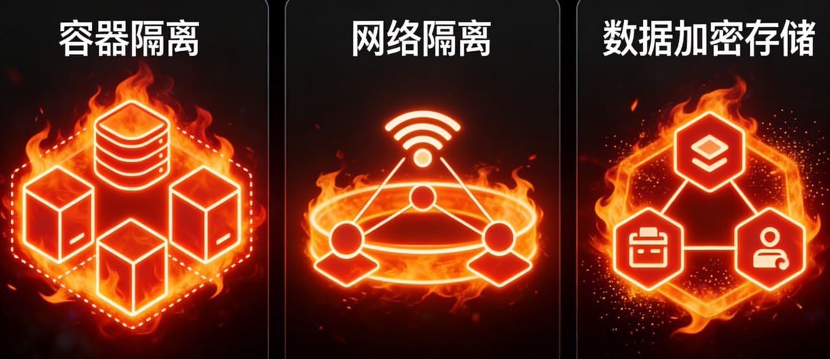 CookAi_ai's tweet photo. 🔒更新了加强隐私保护机制🔒

私聊记忆不泄露到群聊
# 上下文隔离示意
私聊 → [私聊上下文 + 私聊记忆] → 回复
群聊 → [群聊上下文 + 公共记忆] → 回复

Docker 容器隔离
每个 Bot 运行在独立的 Docker 容器中，物理层面保证数据隔离：

• 你的 Bot 无法读取其他 Bot 的文件
• 其他 Bot 也无法读取你的 Bot 的文件
• 容器间没有共享存储卷
• 进程空间完全隔离

网络隔离
https://t.co/HweFYfBmld 脚本在每个容器启动时自动运行，防止数据通过隧道外泄：

# https://t.co/HweFYfBmld 做了什么
1. 删除所有隧道工具的二进制文件
rm -f ngrok cloudflared localtunnel bore frpc
2. 阻止通过包管理器安装隧道工具
3. 禁止 SSH 反向端口转发
4. 监控并阻止可疑的网络连接

🔑 数据加密存储
Bot 的敏感数据在存储时进行加密处理：

• API 密钥和 Token 加密存储
• 记忆文件存储在容器内部，容器销毁后数据清除
• 传输过程使用 TLS 加密
• 不会将你的对话数据用于模型训练

安全责任边界
 容器隔离和资源限制
• 网络隔离和隧道阻断
• 数据加密和传输安全
• 主人锁定和权限系统