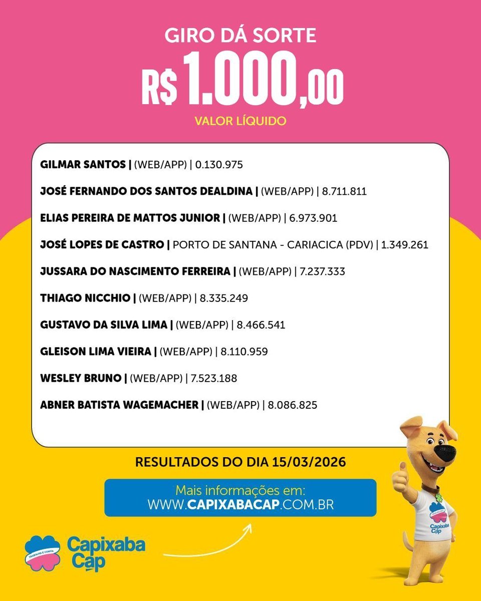CapixabaCap's tweet photo. RESULTADO DO SORTEIO DIAN 15.03 https://t.co/j7drf7lfe1
