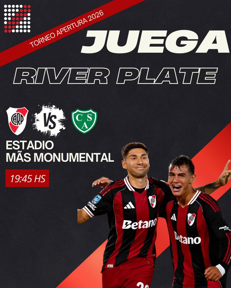AhoraRiver's tweet image. 👉🏻Juega River Plate🤍❤️🤍
⚽️River Plate Vs. Sarmiento 
🏆 Torneo Apertura 2026
🕘 19:45 Hs.
📺 ESPN PREMIUM 
🏟️ Estadio Mâs Monumental
#RiverPlate #AhoraRiver #soyderiver