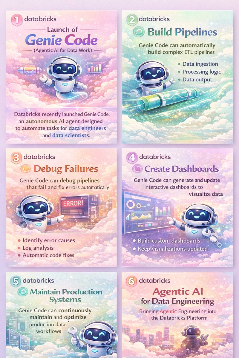 bodaciousithub's tweet photo. The team at @databricks  has introduced Genie Code, an autonomous AI agent built to transform how data engineers and data scientists work.
• Build data pipelines automatically
• Detect and debug failures
• Create powerful dashboards
• Maintain production-grade data systems https://t.co/d2UFvkC3Rn