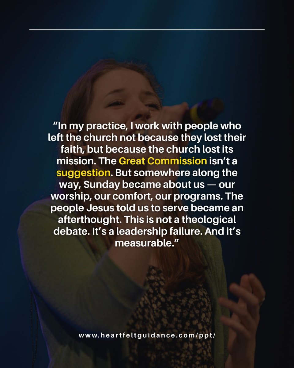 heartfeltDr's tweet photo. Many didn’t leave the church because they lost faith.
They left because the church lost its mission.

The Great Commission isn’t a suggestion.

💬 What should the church refocus on today?

📖 Learn more: https://t.co/7EKCcmUeG3

#GreatCommission #ChurchLeadership #ChurchMission https://t.co/nylBKKVQsj