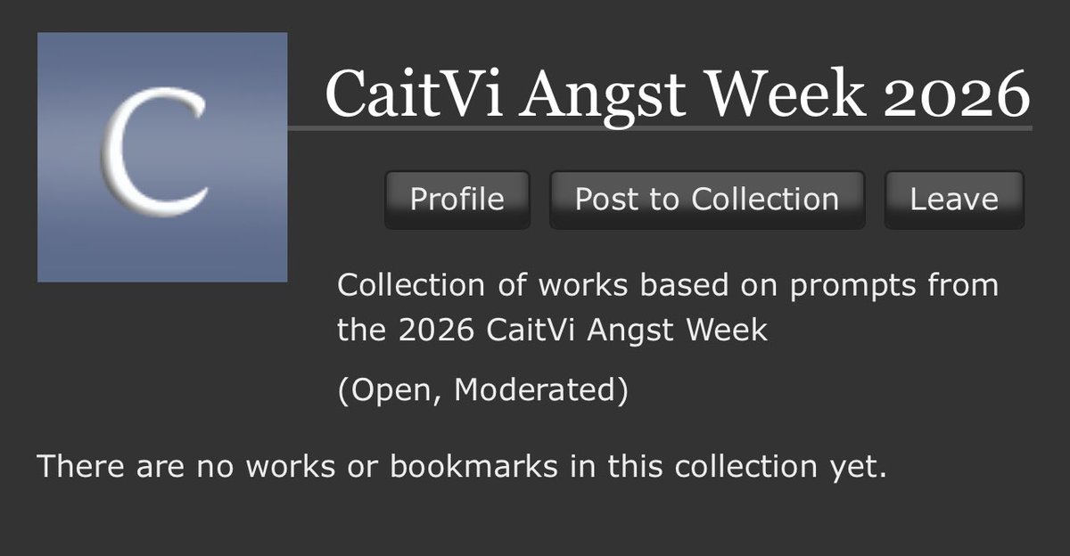 CaitViAngstWeek's tweet photo. We have created the CaitVi Angst Week collection on AO3! 

You can post your fics for Angst Week on there 

https://t.co/CXWeBoXx21 https://t.co/qiS0Alqelv