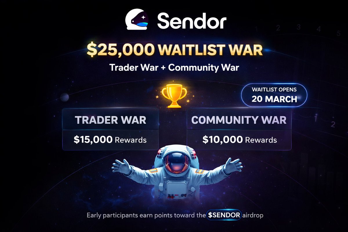 1/ A $25,000 war is about to begin.
And the leaderboard will decide who wins.

On March 20th, The Sendor waitlist opens.

And from that moment until the end of Beta, two battles for $25,000 USDT will decide who dominates the Sendor ecosystem:

- The Trader War
- The Community War