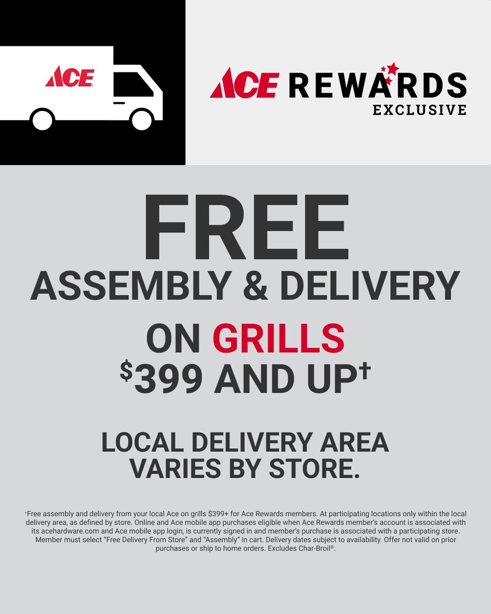 MadleH's tweet photo. The grill of your dreams assembled and delivered straight to your door! Learn more about getting FREE assembly and delivery from our store on grills $399 and up for Ace Rewards members. Ask an associate for details! https://t.co/21iwZPAjIU