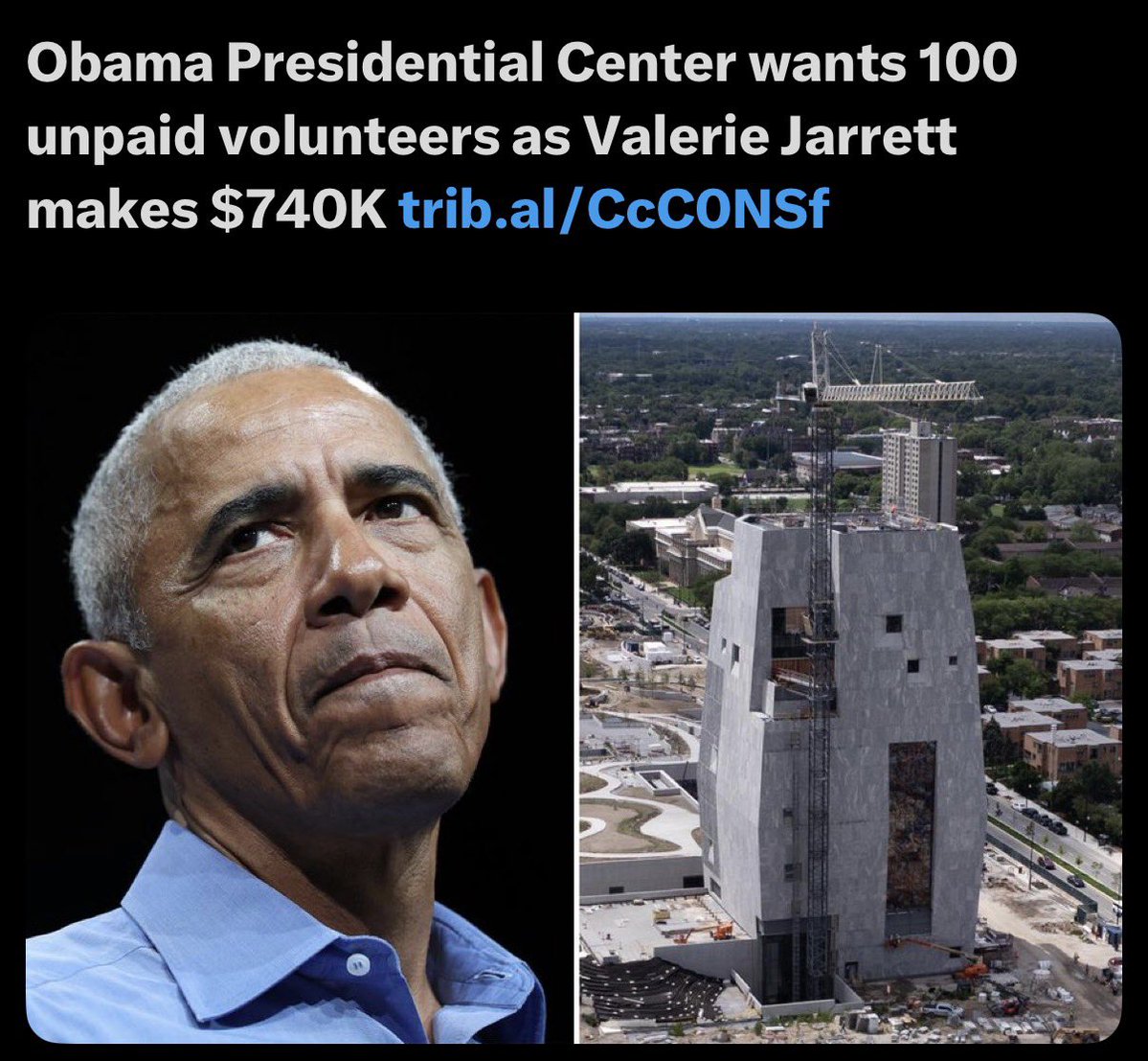 Barrack Obama built a giant garbage can in Chicago with the promise of bringing 100s of jobs to the area

Instead his loyal subject Valerie Jarrett is getting filthy rich and the poor citizens in the area are being asked to volunteer because they ran out of money for the project