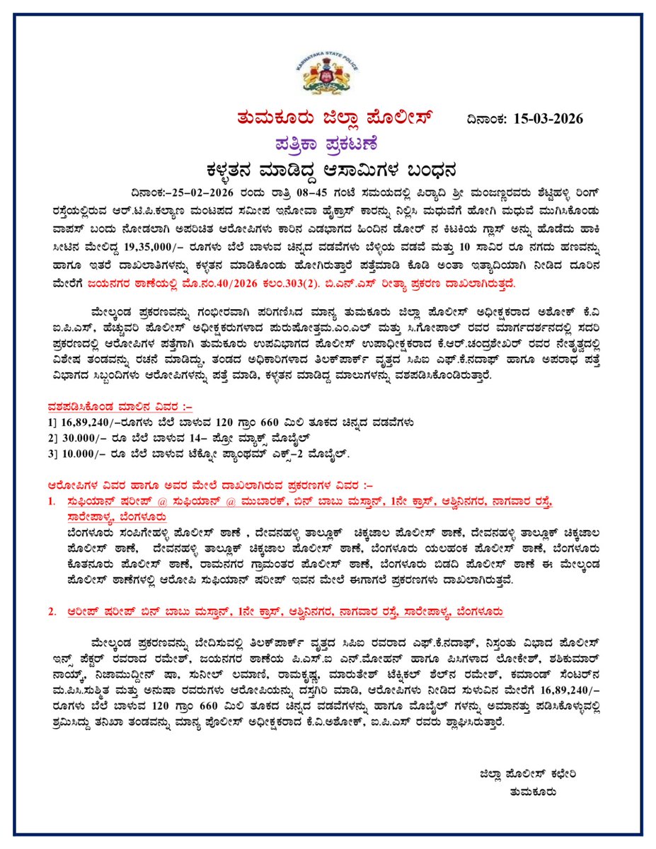 SPTumkur's tweet photo. ಪತ್ರಿಕಾ ಪ್ರಕಟಣೆ: ಕಾರಿನ ಗ್ಲಾಸ್ ಒಡೆದು ಹಣ, ಚಿನ್ನದ ಆಭರಣ ಹಾಗೂ ಮೊಬೈಲ್ ಗಳನ್ನು ಕಳವು ಮಾಡಿದ್ದ ಆರೋಪಿಗಳ ಬಂಧನ.
#TumakuruDistrictPolice
#PressNote
#JayanagaraPS @DspTumkur 
@venkatashok https://t.co/5bw7OIdQ4j