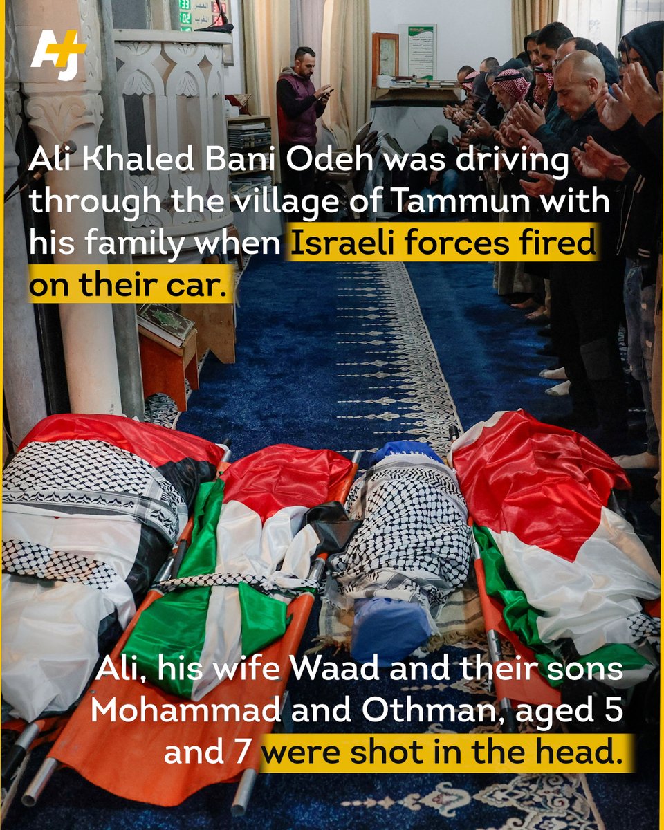 ajplus's tweet photo. Israeli forces gunned down 2 Palestinian parents and their 2 kids in the occupied West Bank after a family day out. 

Ali Khaled Bani Odeh, 37, and his 35-year-old wife Waad, had taken their family on a day out and were driving through the village of Tammun when they were killed. 

Israeli forces then dragged out the 2 remaining injured kids and beat them.