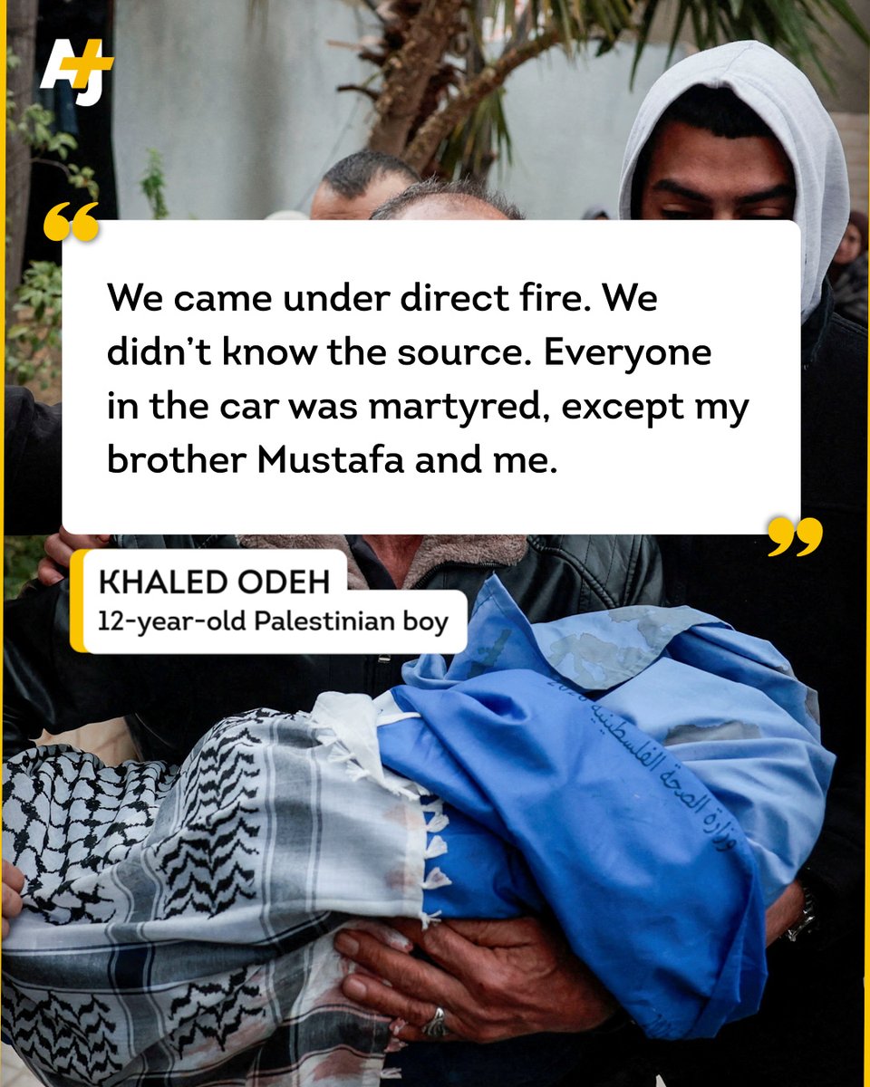 ajplus's tweet photo. Israeli forces gunned down 2 Palestinian parents and their 2 kids in the occupied West Bank after a family day out. 

Ali Khaled Bani Odeh, 37, and his 35-year-old wife Waad, had taken their family on a day out and were driving through the village of Tammun when they were killed. 

Israeli forces then dragged out the 2 remaining injured kids and beat them.