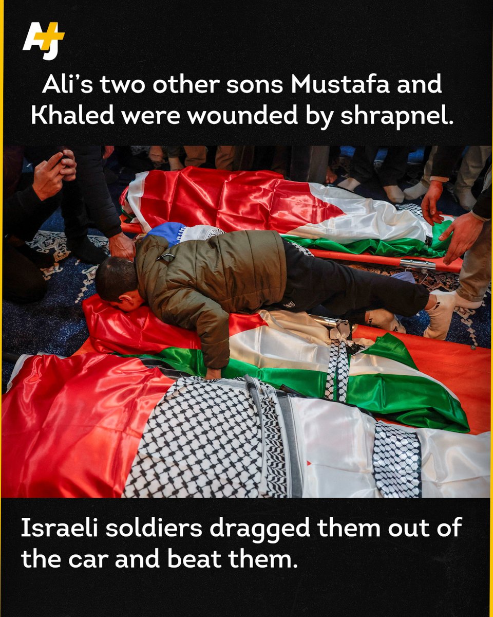 ajplus's tweet photo. Israeli forces gunned down 2 Palestinian parents and their 2 kids in the occupied West Bank after a family day out. 

Ali Khaled Bani Odeh, 37, and his 35-year-old wife Waad, had taken their family on a day out and were driving through the village of Tammun when they were killed. 

Israeli forces then dragged out the 2 remaining injured kids and beat them.