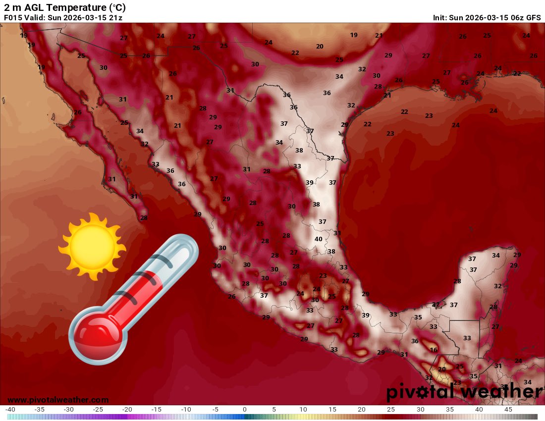 InfoMeteoro's tweet image. ⚠️ADVERTENCIA⚠️
PRONÓSTICO DOMINGO 15/mar/2026

“Comienzan cambios drásticos con intenso calor por efecto #Föhn y Surada; por la noche recorrerá nuevo #FrenteFrío y #AireÁrtico el noreste…”

🌡️AMBIENTE DIURNO☀️
🔥&amp;gt;40ºC NL, Tamps, SLP, Tierra Caliente
🥵36-40ºC Estados del