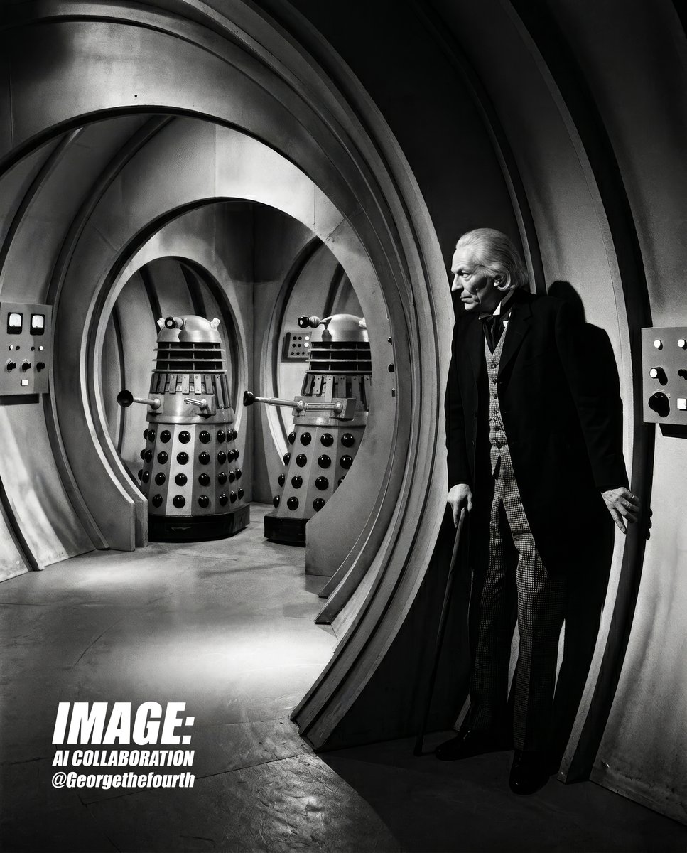 georgethefourth's tweet image. Some more AI-assisted first doctor and dalek imagery. I had fun describing Dalek friendly architecture. #DalekMasterplan #WilliamHartnell
