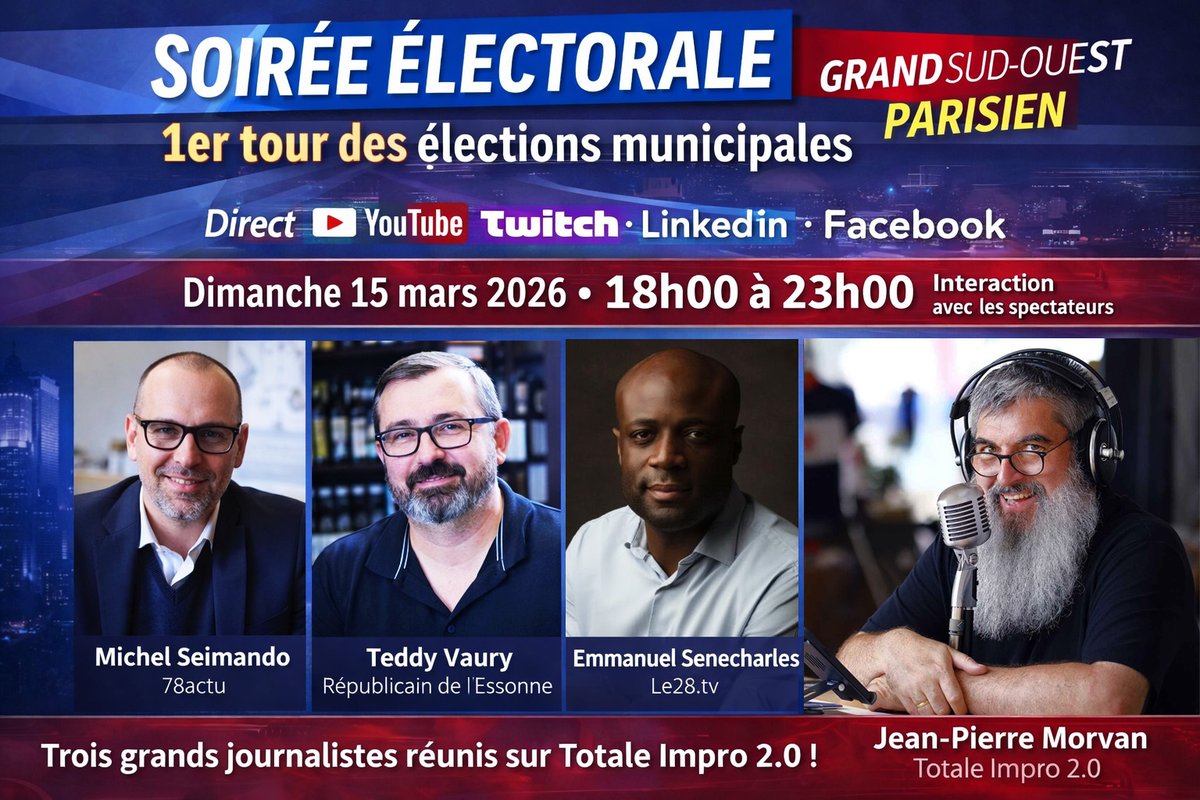 🗳️📺⚡ Soirée électorale municipales 2026 : Totale Impro 2.0 réunit les trois grands journalistes du Grand Sud-Ouest Parisien

📣 Par Jean-Pierre Morvan, animateur et fondateur de GSO Parisien News...

🔗 gsoparisien.news/2026/03/15/soi…