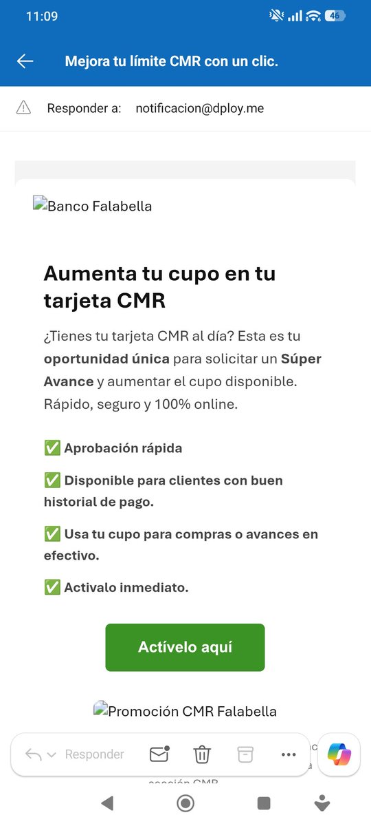 Pamqm's tweet photo. @Banco_Falabella  solo paso el aviso de que están llegando estos correos fraude desde la casilla notificacion@dploy.me https://t.co/f9MjbIUN7B