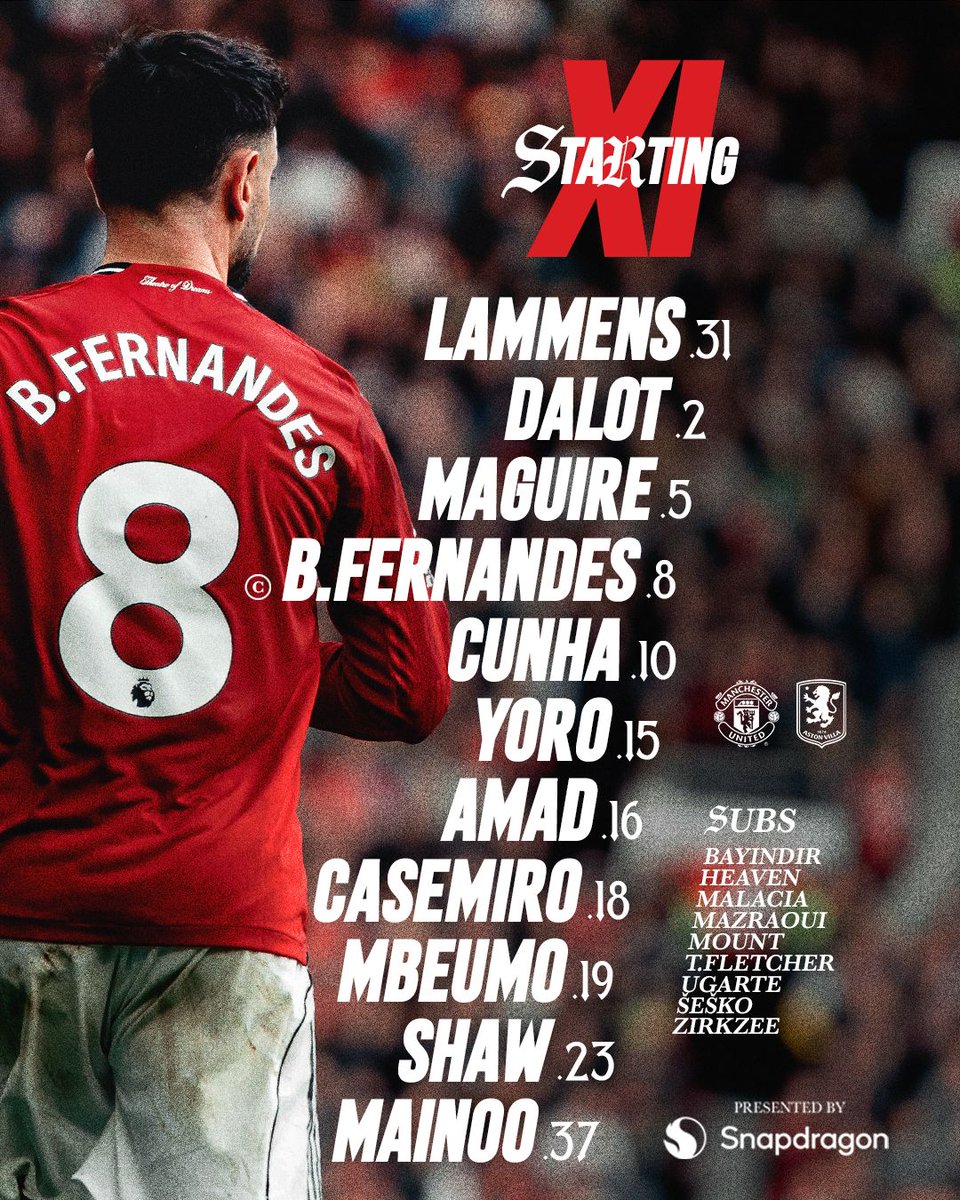 fandersonjro's tweet photo. 🔴  Man UTD vs Aston Villa

Starting XI:
Lammens (31)
Dalot (2)
Maguire (5)
Bruno Fernandes (8) ©
Cunha (10)
Yoro (15)
Amad (16)
Casemiro (18)
Mbeumo (19)
Shaw (23)
Mainoo (37)

Bench la 🔥 
The Reds wanataka pointi 3! 💪🔴
#MUFC #PremierLeague https://t.co/ZGLNXsFo9J