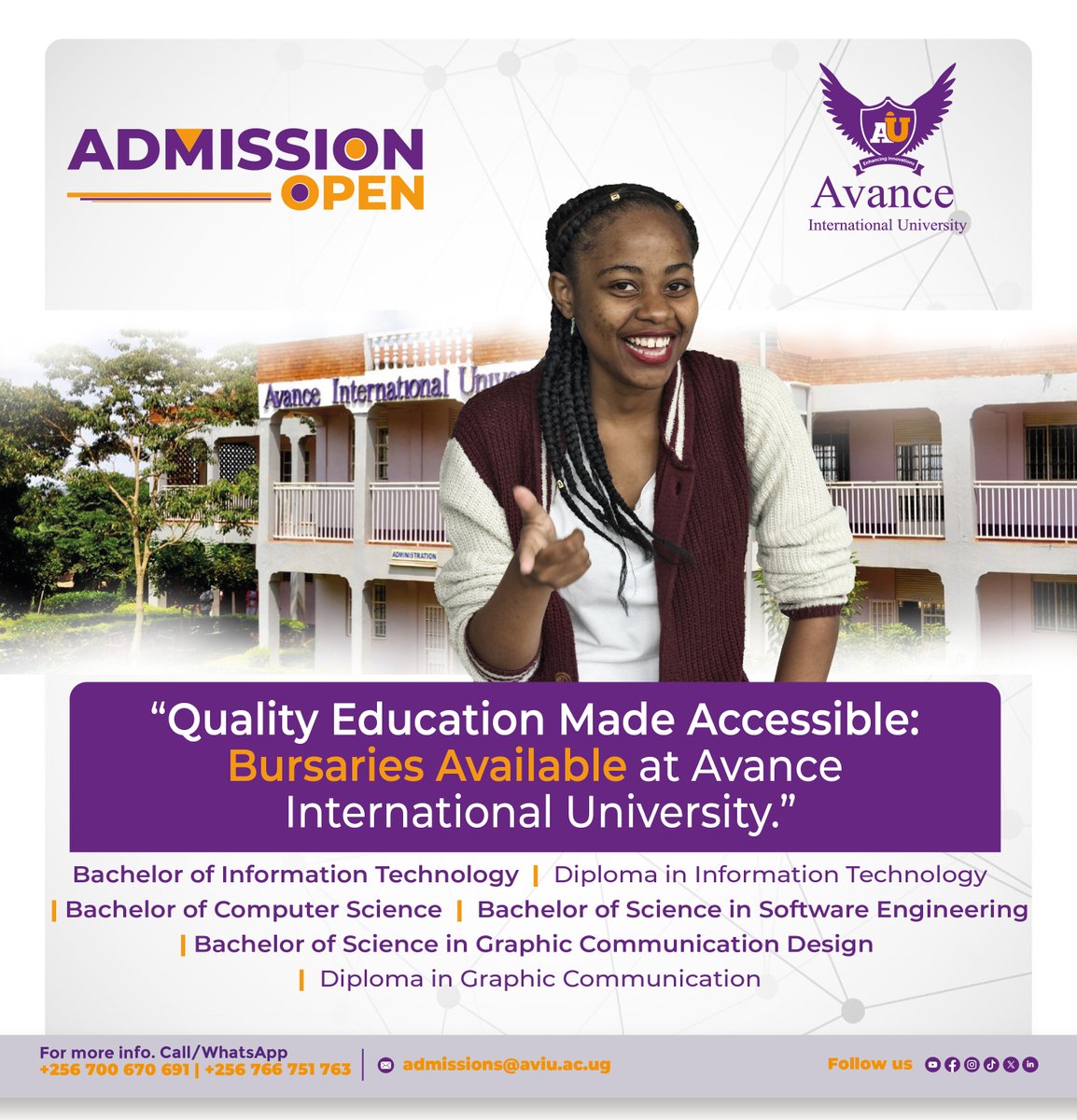 AvanceIU_uganda's tweet photo. Your future in technology and creativity starts here. Join Avance International University and gain industry-relevant skills designed for today’s digital world.

💡 Bursaries Available – because quality education should be accessible to everyone. https://t.co/b3w8Pzh8VU