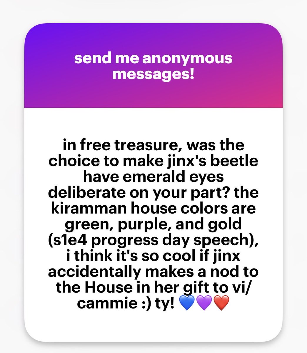 BeaSpam87's tweet photo. AGAIN, A GREAT QUESTION!! Okay so yes it was a deliberate choice by me (and by Jinx)! I’m sure since this detail stuck out to you, you recognized that the emeralds aren’t listed in the things that Vi remembers leaving for Jinx, so while the beetle is made of bolts 1/? https://t.co/hlrf4lPNIL