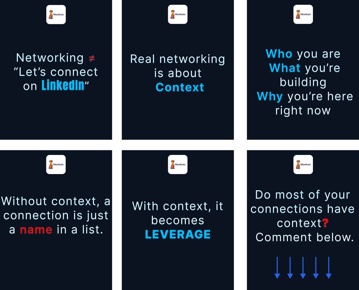 Networking is not about collecting connections.
It is about context.
Without it, a connection is just a name in a list

 #NetworkBetter #socialnetworking #MeetKats #explore