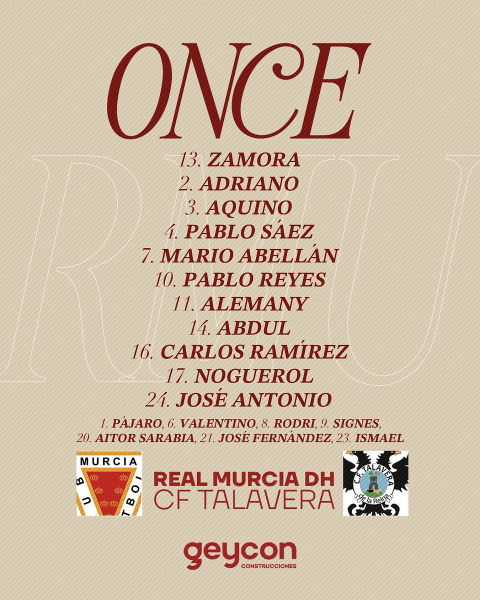 J24 | JUVENIL DH REAL MURCIA | 
📋 𝗢𝗡𝗖𝗘 𝗜𝗡𝗜𝗖𝗜𝗔𝗟
🆚 <a href="/CFTalavera/">CF Talavera de la Reina</a> 
#RealMurciaTalavera