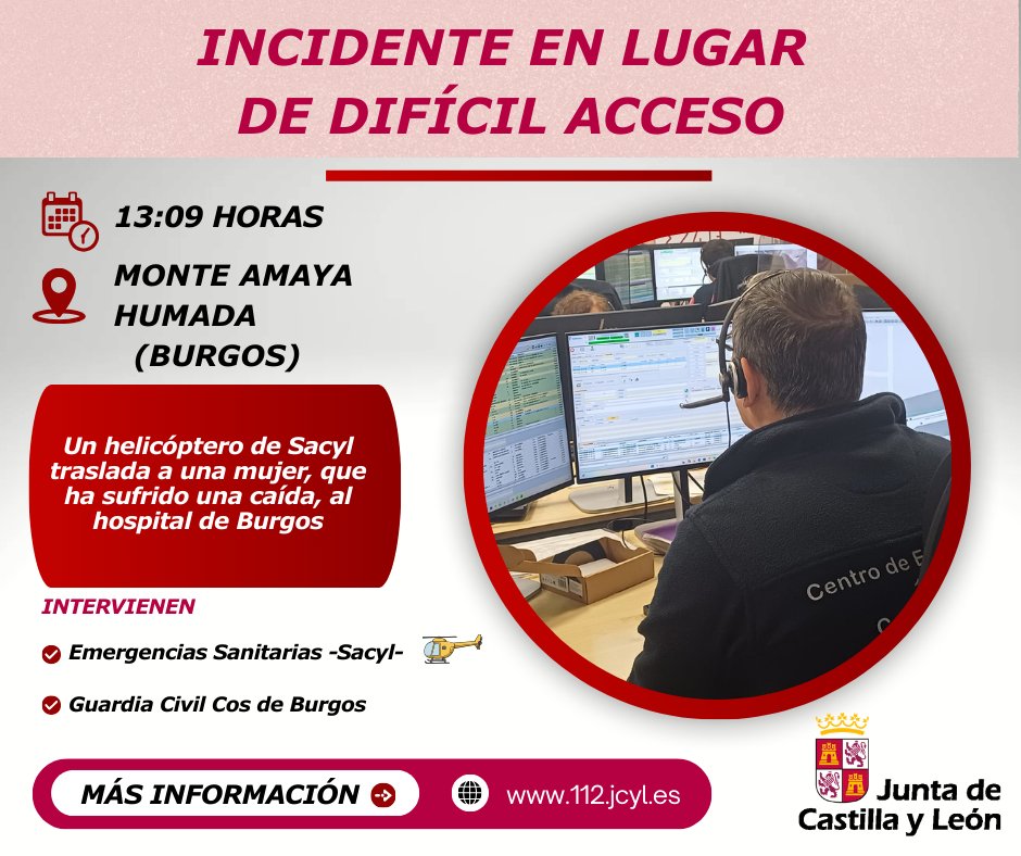 112cyl's tweet photo. 🚑| Emergencias 112cyl | La Sala de Operaciones del 1-1-2 CYL recibe aviso de la caída de una mujer en un lugar de difícil acceso en #MonteAmaya #Humada, en #Burgos
Emergencias sanitarias @Salud_JCYL envía un🚁helicóptero medicalizado (HEMS).
👉https://t.co/ClbwZC15gU
#112CyL https://t.co/swC6jOsGt2